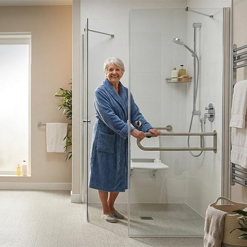 Senior dans une douche aménagée pour personne à mobilitée réduite